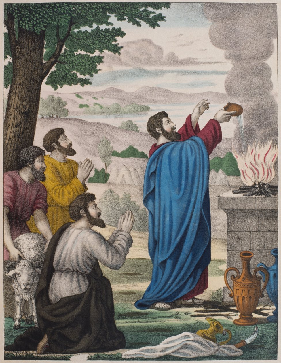 Los sacrificios rivales de Elías y los sacerdotes de Baal, ilustración de un catecismo L