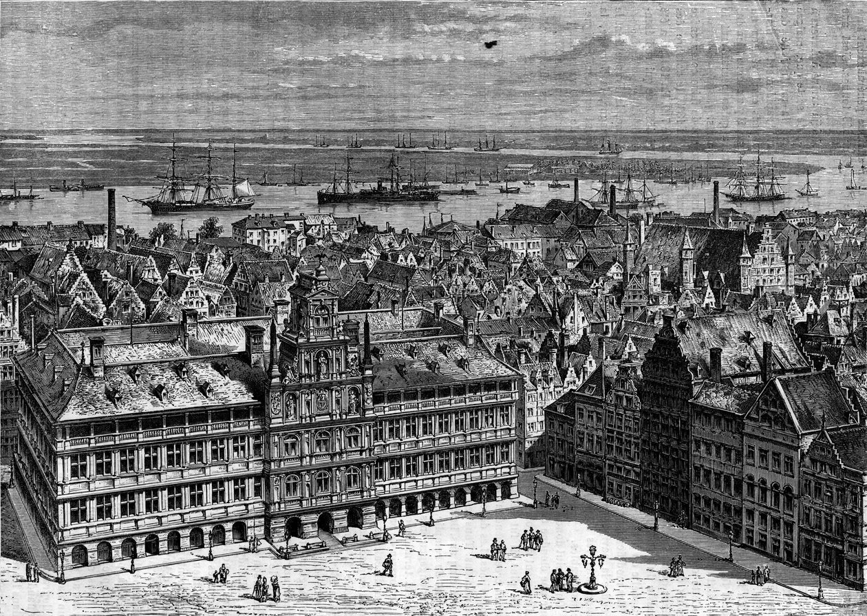 El río Escalda visto desde el puerto de Amberes, Bélgica. Grabado en 