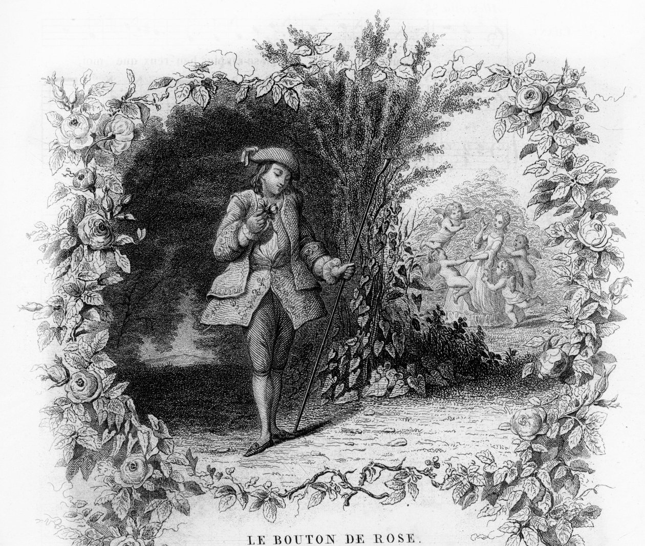 El botón de rosa. Un joven solitario y romántico en un jardín al fondo del cual una joven está rodeada de cupidos. Grabado en “Chants et chansons populaire de la France”, Tomo 2 de French School