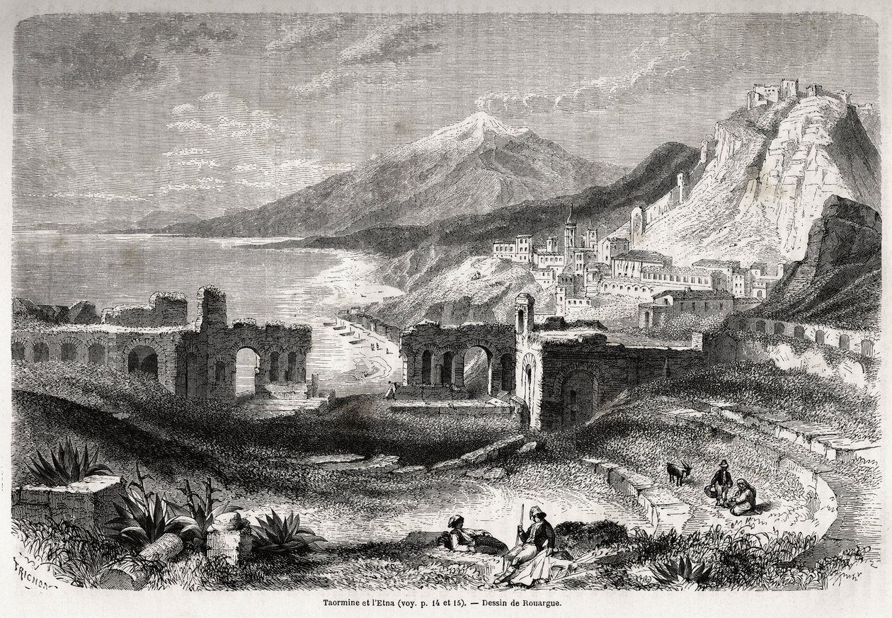 Las ruinas del antiguo teatro de Taormina (Tauromenium), al pie del Monte Tauro, con vista al pueblo moderno de Giardini y el Etna, dibujo de Adolphe Rouargue (1810-187?) y Emile Rouargue (ca1795-1865) para ilustrar el diario de Felix Bourquelot de French School