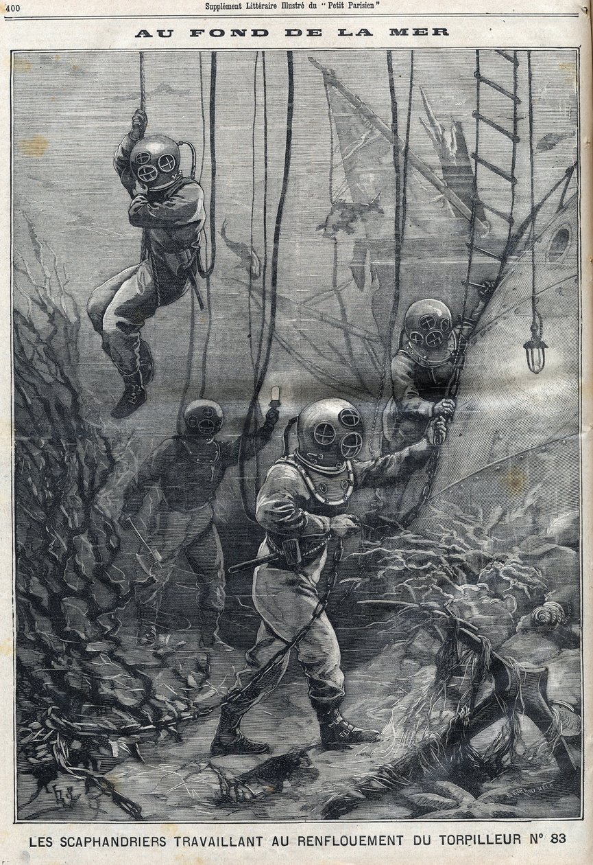 Los buzos trabajando en el rescate del torpedo 83 que se hundió en la Bahía de Douarnenez en Finisterre en Bretaña, en "Le Petit Parisien". de French School
