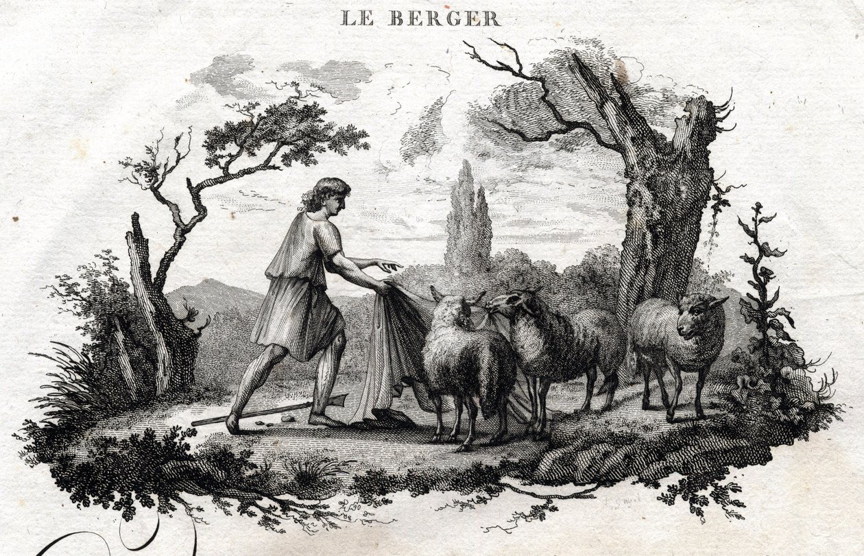El pastor. Fábula de Esopo. (Escritor griego Esopo o Ecopo, siglo VI a.C.) Escrito por Guillaume Montfort y grabado por Beauble en 1801. de French School