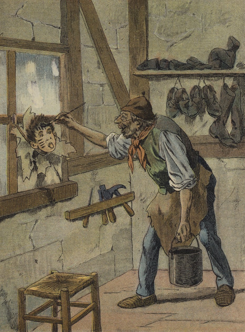 El zapatero marcaba las horas en la figura del pequeño Jeannot (litografía en color) de French School