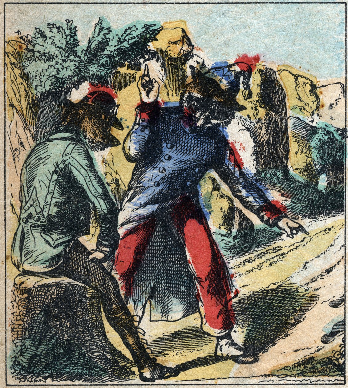 El león enfermo y el zorro. Fábulas de Jean de La Fontaine (1621-95). Imágenes de Épinal finales del siglo XIX. de French School