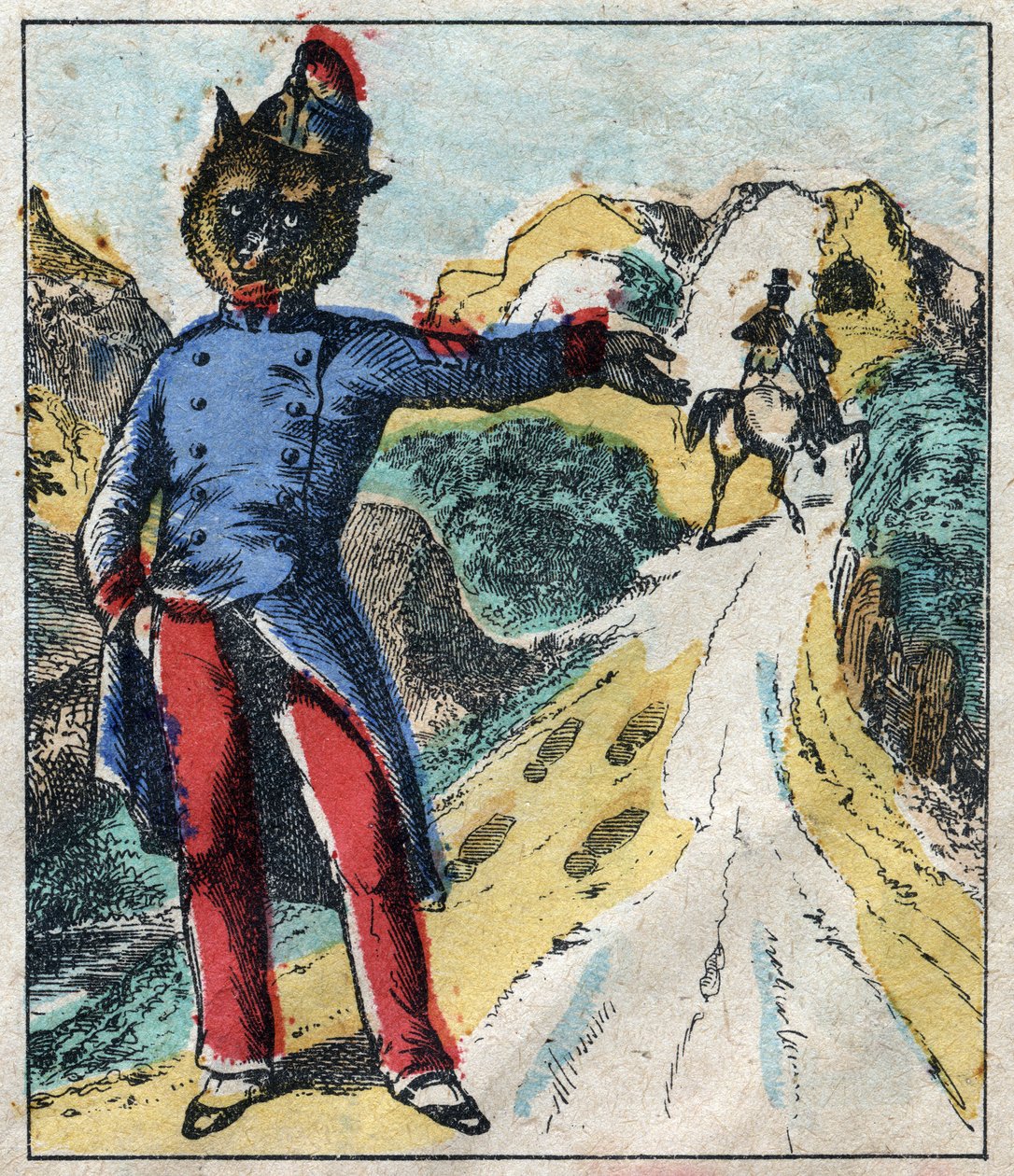 El león enfermo y el zorro. Fábulas de Jean de La Fontaine (1621-95). Imágenes de Épinal finales del siglo XIX. de French School