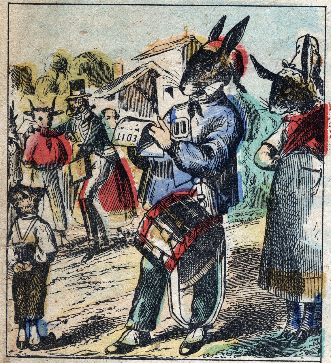 El león enfermo y el zorro. Fábulas de Jean de La Fontaine (1621-95). Imágenes de Épinal finales del siglo XIX. de French School