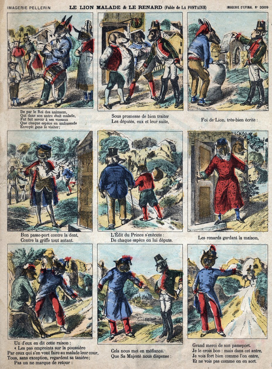 El león enfermo y el zorro. Fábulas de Jean de La Fontaine (1621-1695). Imagen de Epinal finales del siglo XIX. de French School
