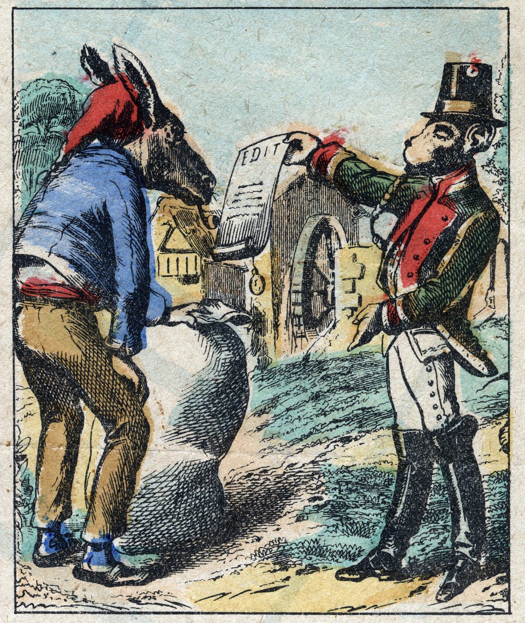 El león enfermo y el zorro. Fábulas de Jean de La Fontaine (1621-1695). Imagen de Epinal finales del siglo XIX. de French School