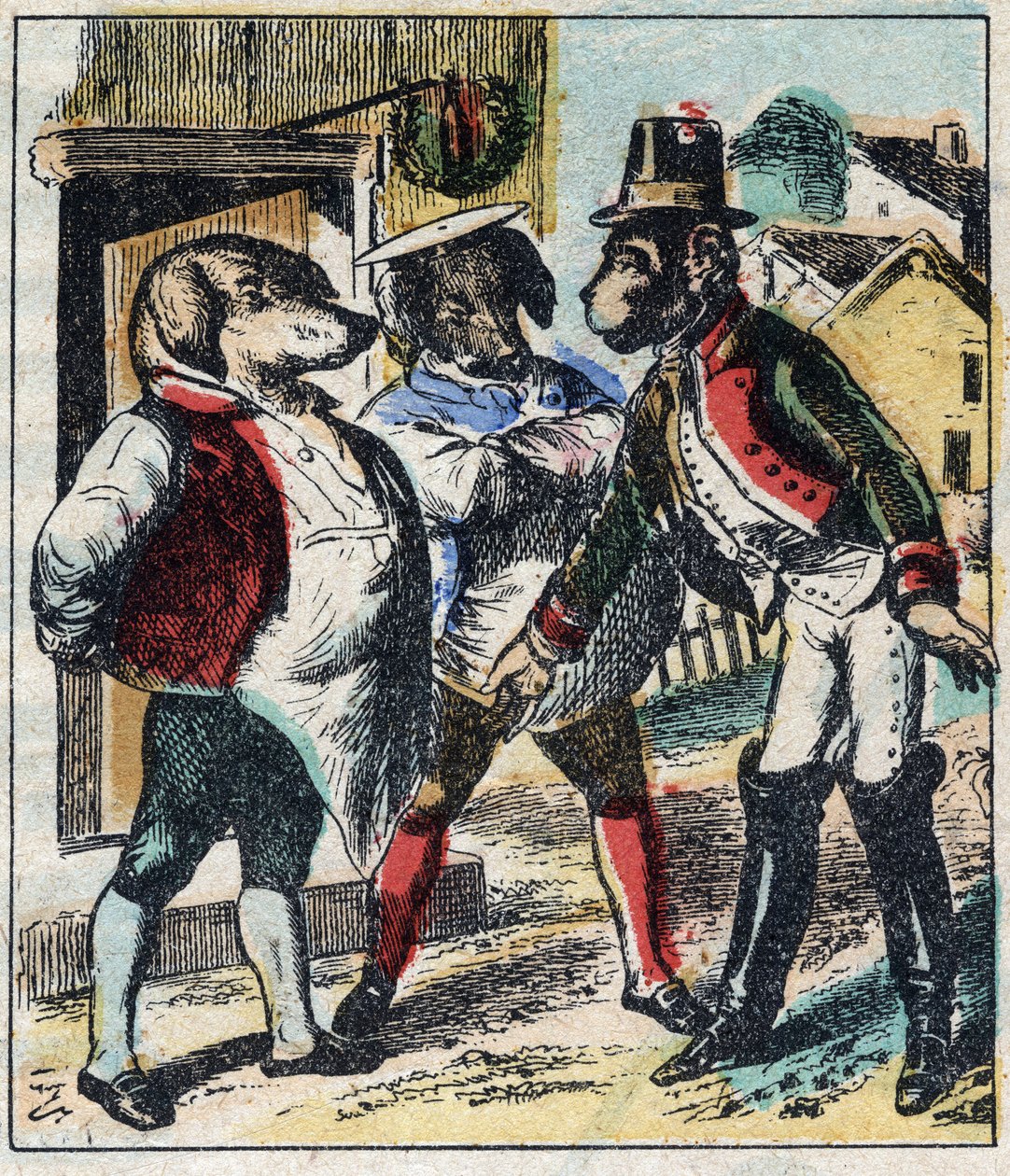 El león enfermo y el zorro. Fábulas de Jean de La Fontaine (1621-95). Imágenes de Epinal de finales del siglo XIX. de French School