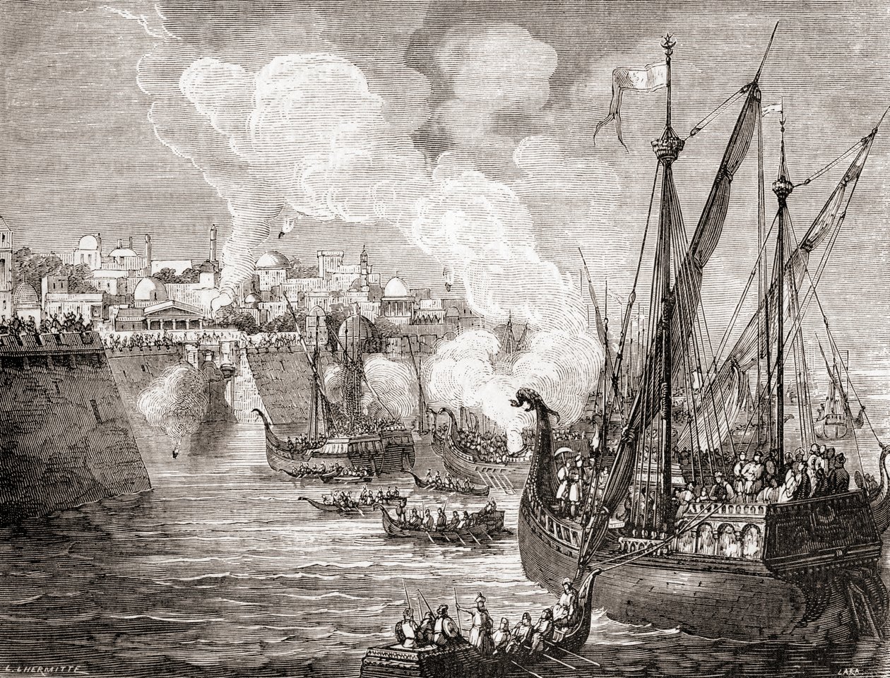 El sitio de Constantinopla en 1453 por el sultán otomano Mehmed II, de Les Merveilles de la Science, publicado hacia 1870 (grabado). de French School