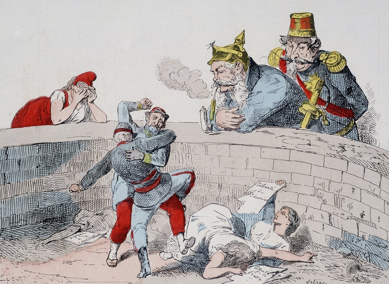 La situación - Gauillaume: Debemos ayudar a los locos, Badingue (Napoleón III): Déjalos hacer mi hermano, será tiempo de intervenir cuando (los parisinos) se hayan devorado entre ellos. Caricatura sobre la Comuna. de French School