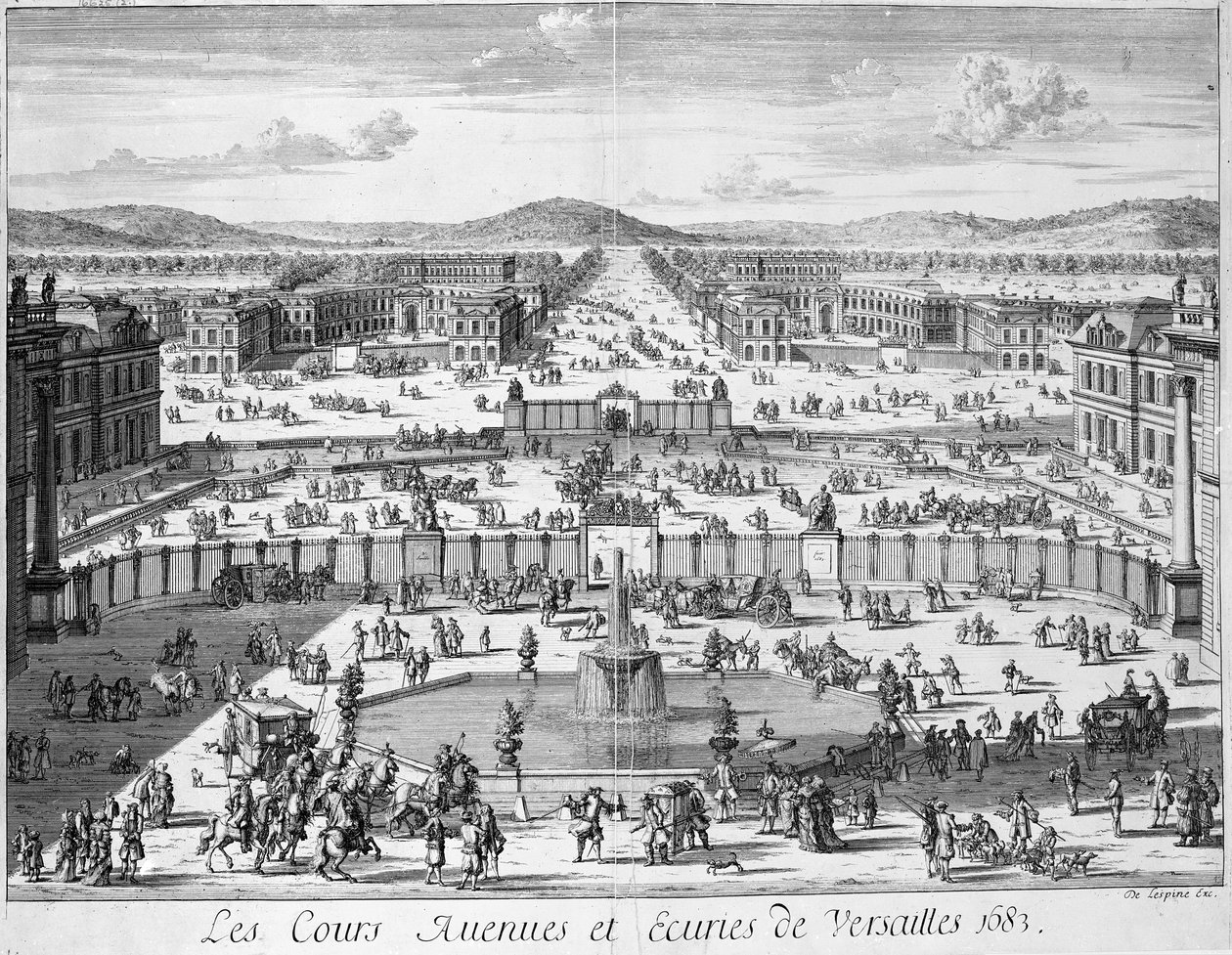 Los establos y puertas de Versalles vistos desde el Palacio, 1683 de French School