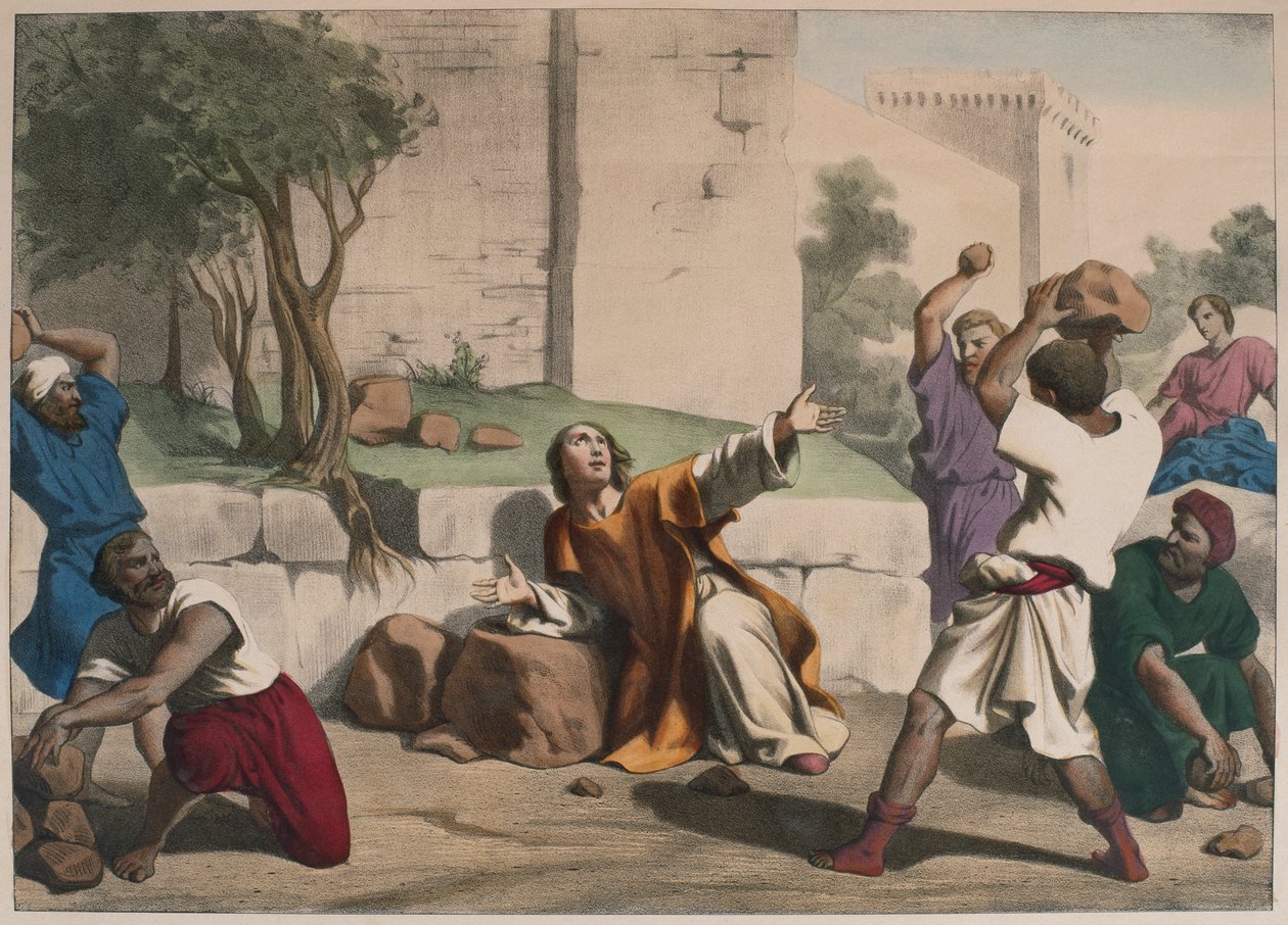La lapidación de San Esteban, ilustración de un catecismo L