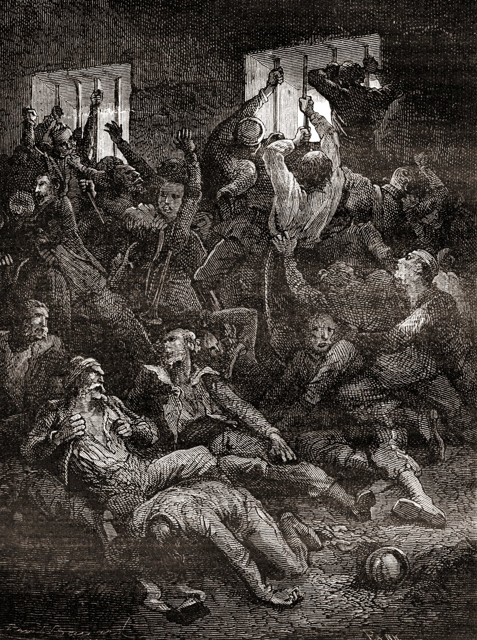 El sufrimiento y la muerte debido a la mala ventilación, de prisioneros ingleses en el Agujero Negro de Calcuta, una pequeña mazmorra en el antiguo Fuerte William en Calcuta, India, donde las tropas del Nawab de Bengala, Siraj ud-Daulah, mantuvieron prisio de French School
