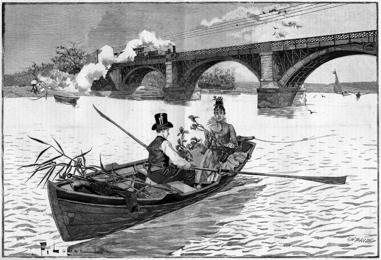 Los alrededores de París, un domingo en Argenteuil en 1887. de French School