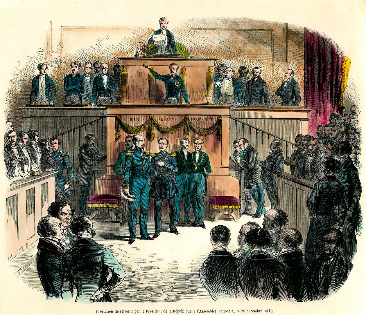 Juramento de Luis Napoleón III (Louis-Napoleón), proclamado oficialmente presidente de la República, en la Asamblea Nacional el 20 de diciembre de 1848. Jura "permanecer fiel a la única e indivisible República Democrática y cumplir todos los de French School