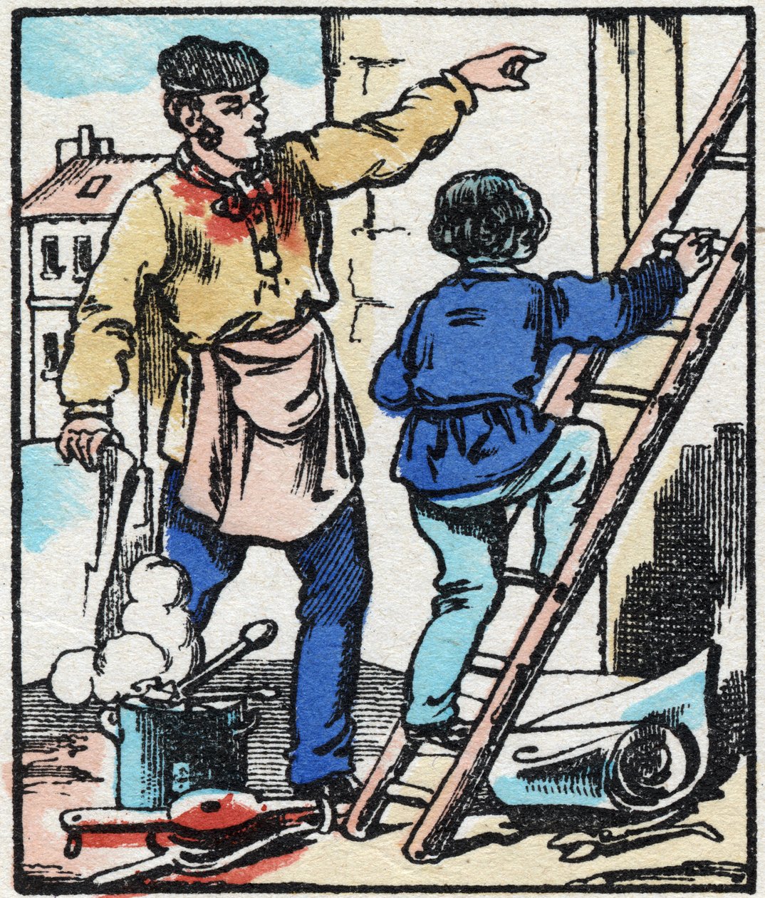 El cosquilleador. Grabado en "La canción de los oficios". Imaginación de Epinal, finales del siglo XIX. Colección privada de French School