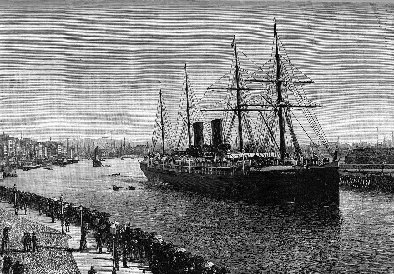 El transatlántico "La Gascogne" en el puerto de Le Havre en 1887. Grabado en el ilustre diario "La jeunesse" de French School