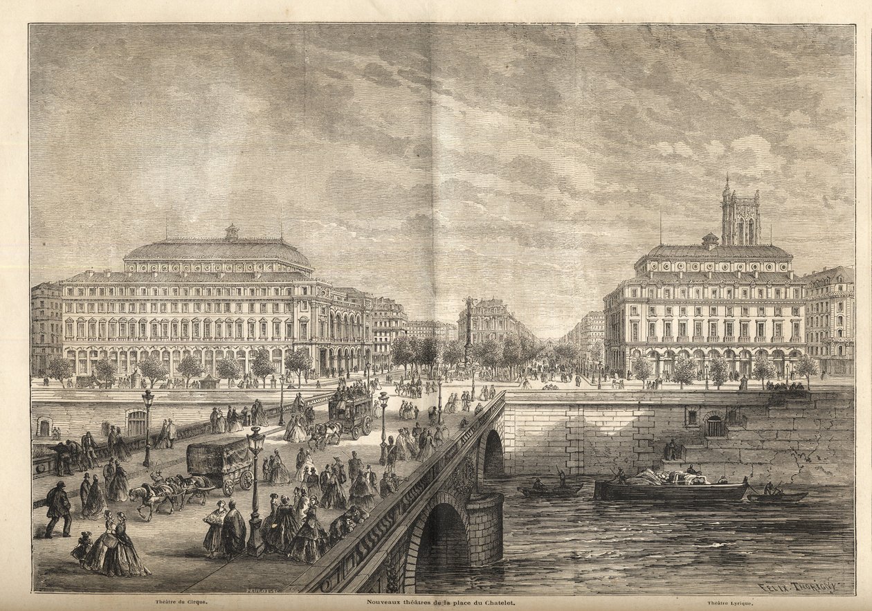 Los dos nuevos teatros de la Place du Châtelet en París en 1862 - Grabado de 