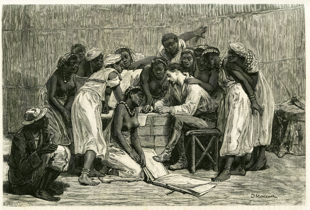 La visita de las reinas, las dieciséis esposas del Rey Sepopo, en la caja del Dr. Holub. Grabado de D.Maillard, para ilustrar la historia “En el país de los Marutses”, en 1875-1879, por el Dr. Emile Holub (1847-1902). Publicado en el Tour du monde, 2º seme de French School