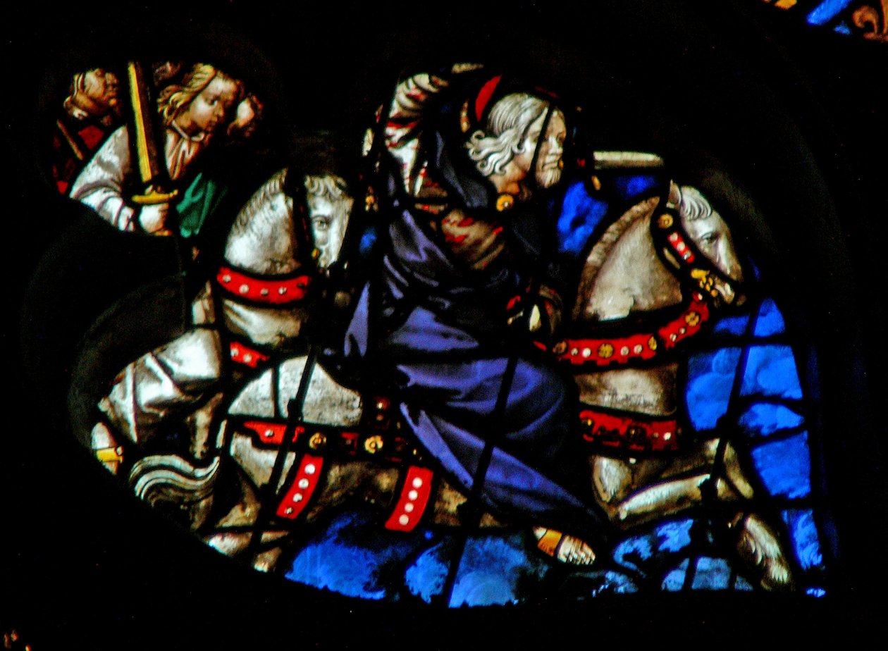 La ventana rosa oeste que representa una escena del Libro del Apocalipsis: fiel y verdadero, el rey de reyes en un caballo blanco, con dos guerreros detrás (19:11-16) de French School