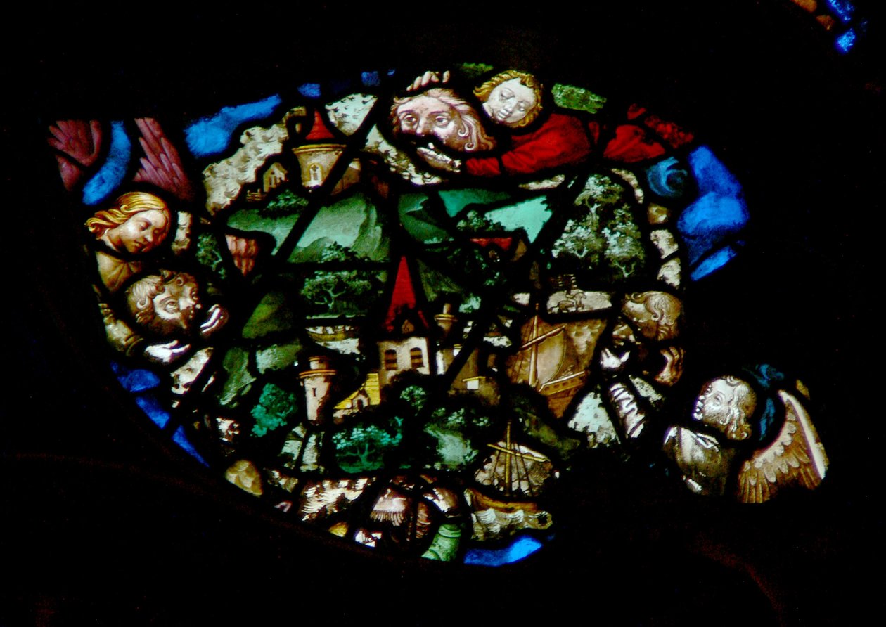 La ventana rosa oeste representando una escena del Libro de Apocalipsis: Ángeles reteniendo el viento de la tierra y los barcos del mar (7:1) de French School