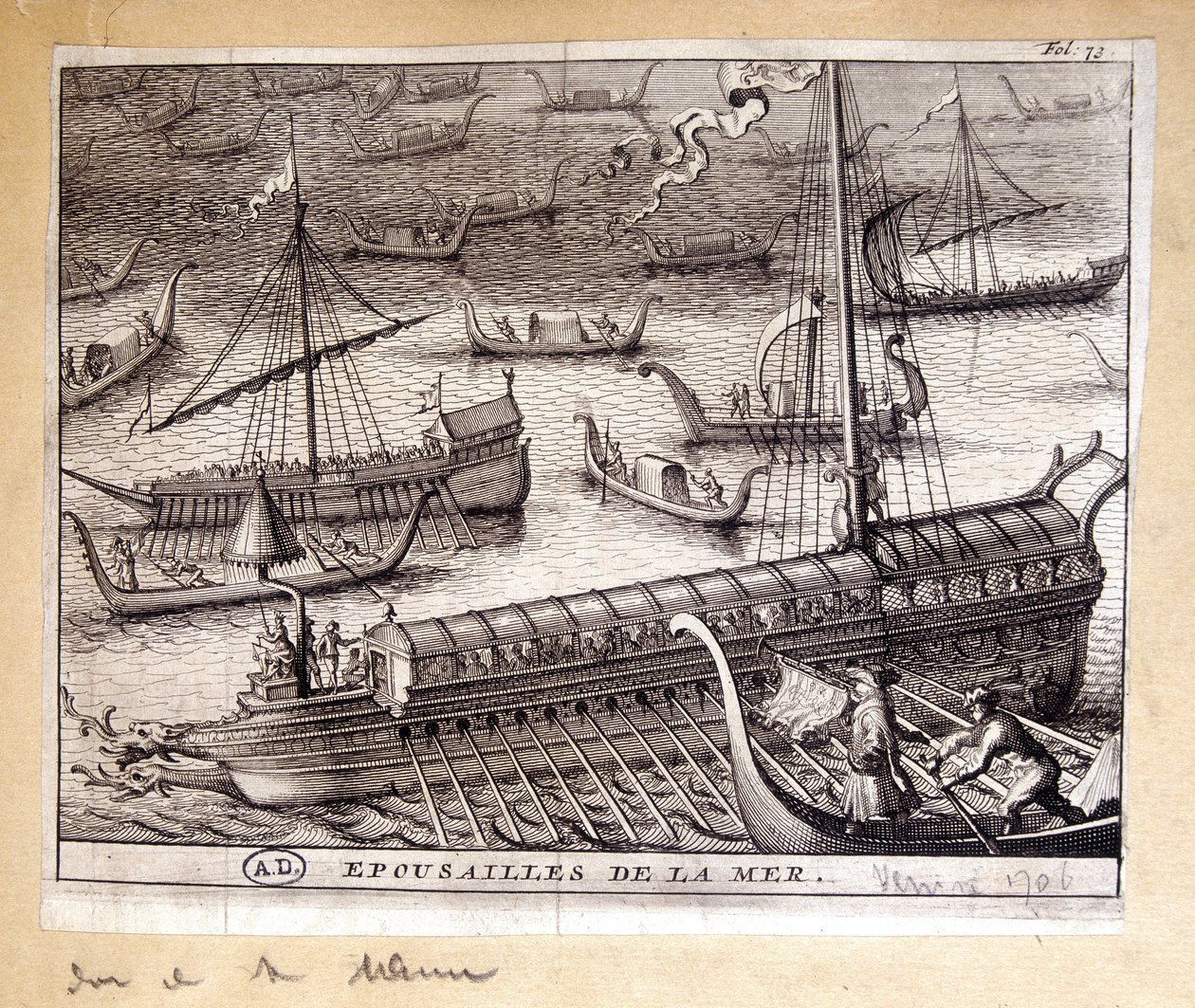 Las esposas del Dogo de Venecia con el mar en 1706 - grabado de French School