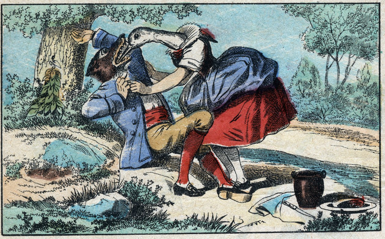 El lobo y la cigüeña. Fábulas de Jean de La Fontaine (1621-95). Imagen de Épinal de finales del siglo XIX. de French School