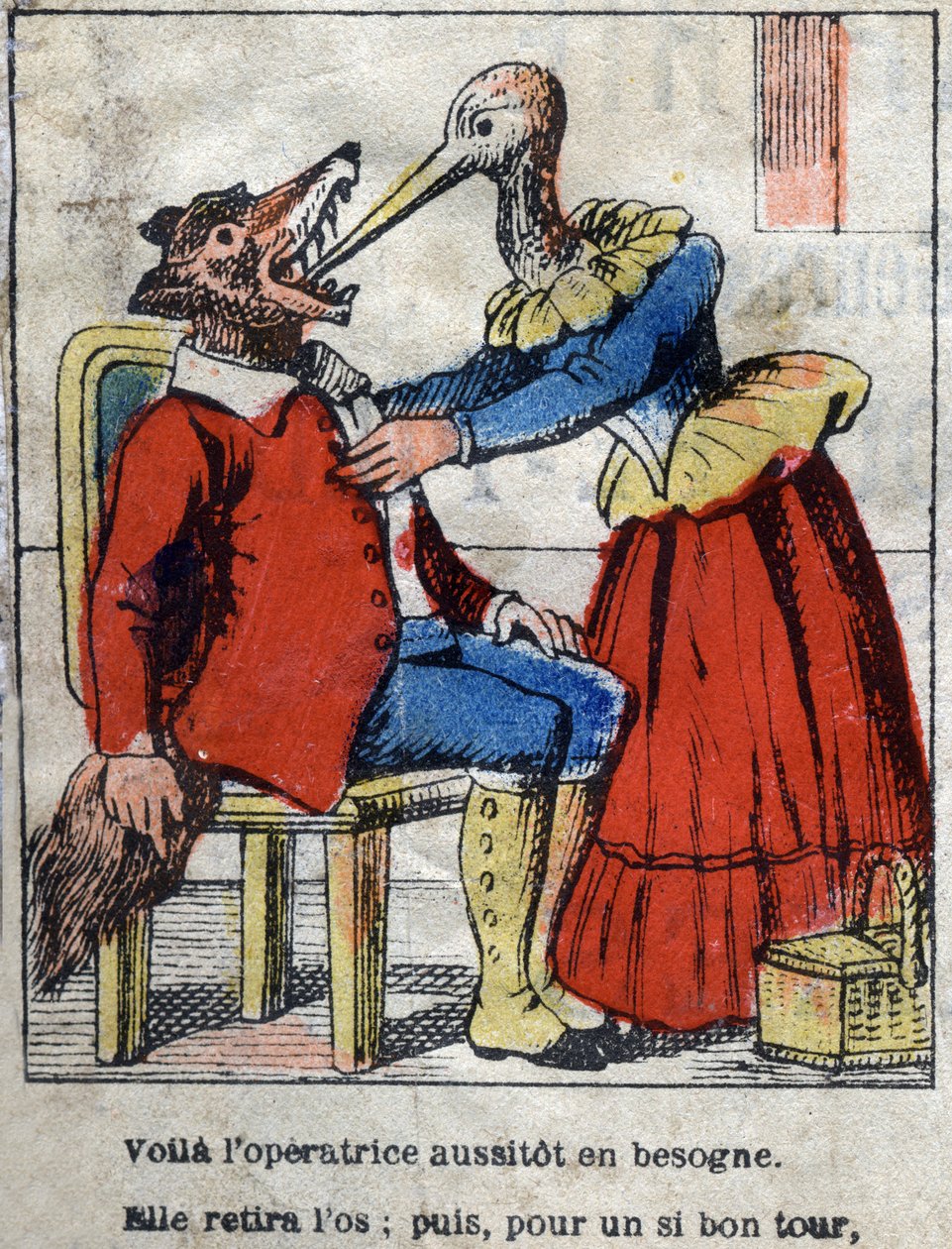 El lobo y la cigüeña. Fábulas de Jean de La Fontaine (1621-95). Imágenes de Épinal finales del siglo XIX. de French School