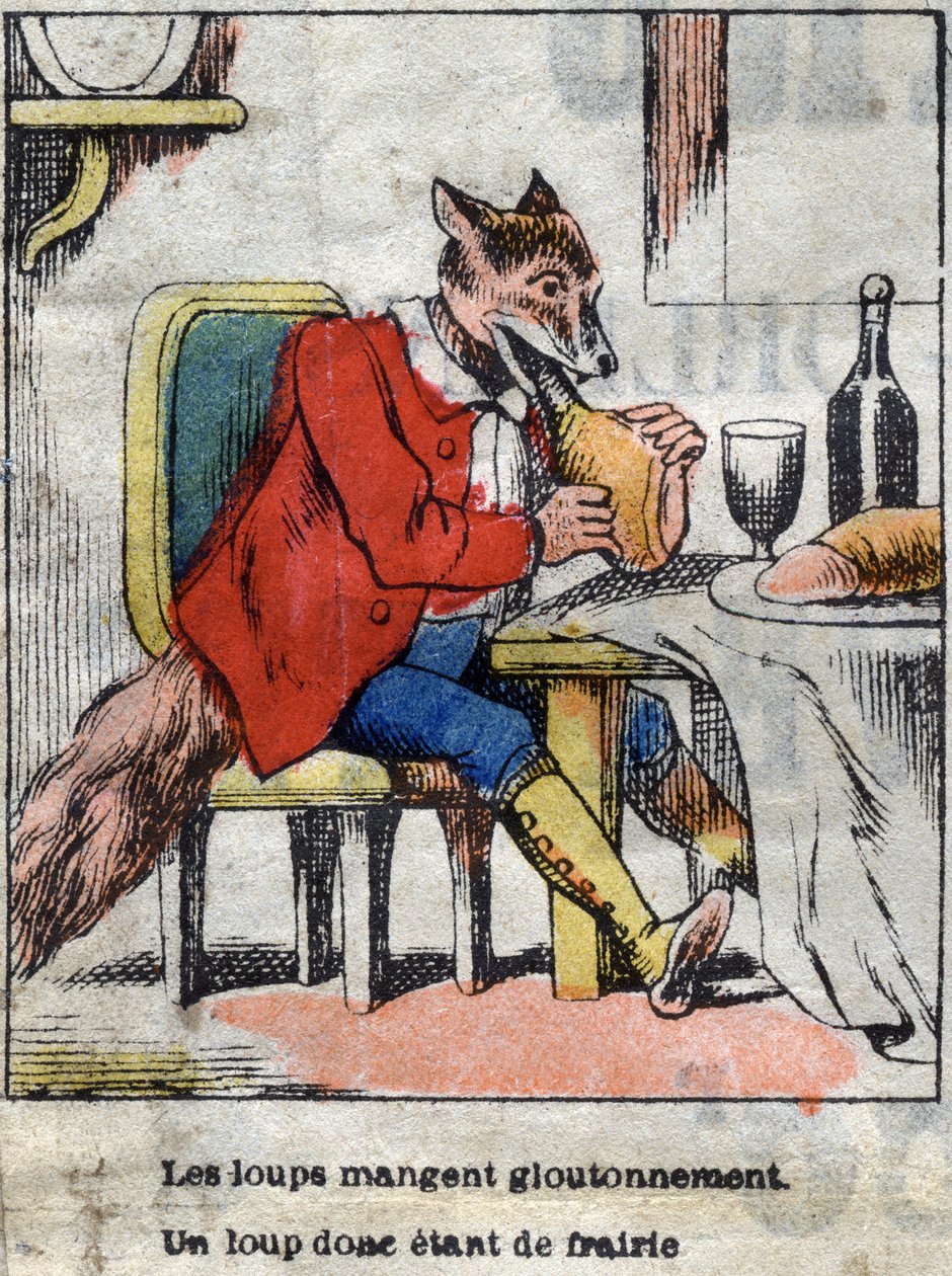 El lobo y la cigüeña. Fábulas de Jean de La Fontaine (1621-95). Imágenes de Épinal finales del siglo XIX. de French School