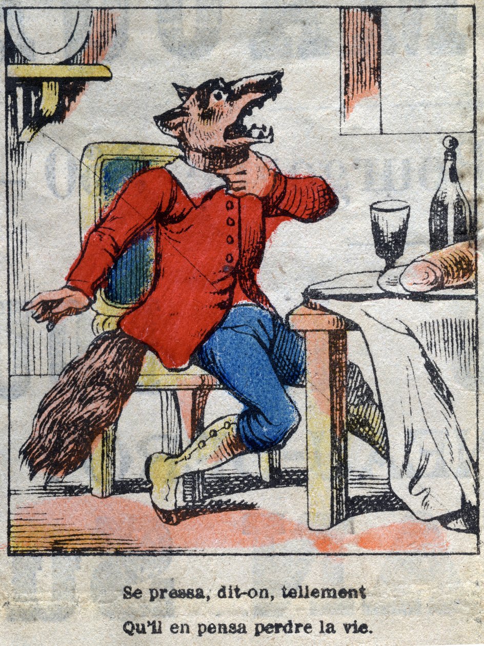 El lobo y la cigüeña. Fábulas de Jean de La Fontaine (1621-1695). Imagen de Epinal finales del siglo XIX. de French School