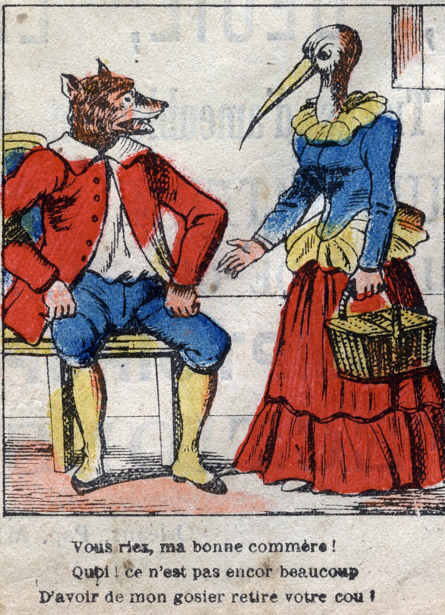 El lobo y la cigüeña. Fábulas de Jean de La Fontaine (1621-95). Imágenes de Epinal de finales del siglo XIX. de French School