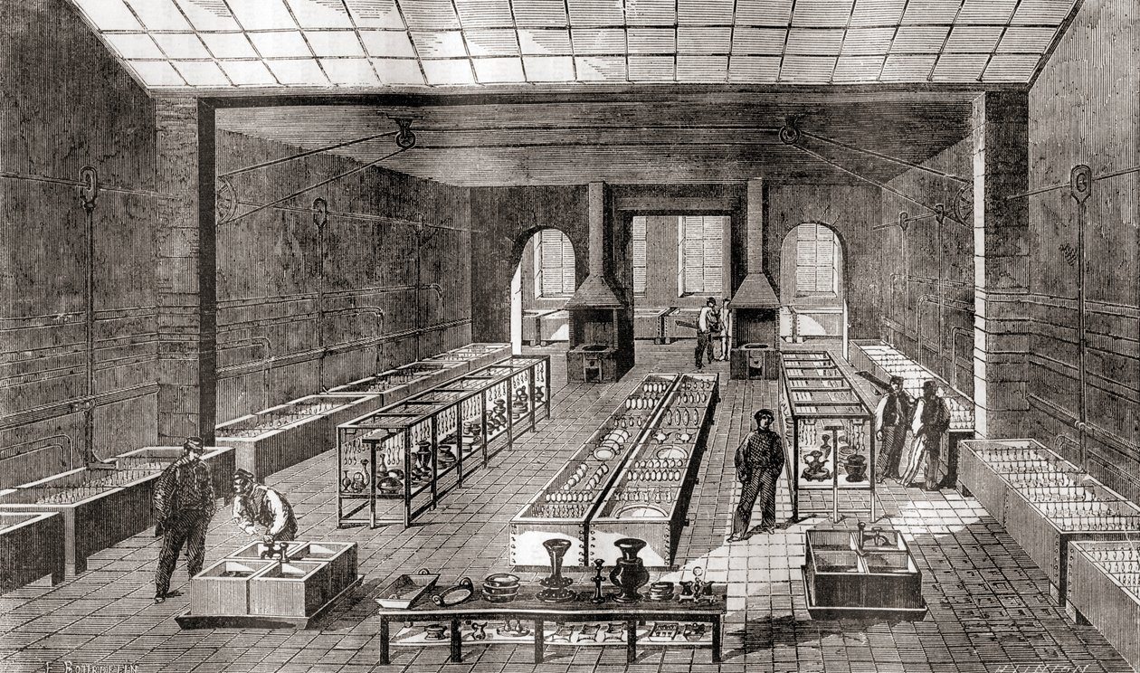 El taller que contiene los baños químicos en la planta de galvanoplastia de Charles Christofle, París, Francia en 1867, de Les Merveilles de la Science, publicado c.1870 (grabado) de French School
