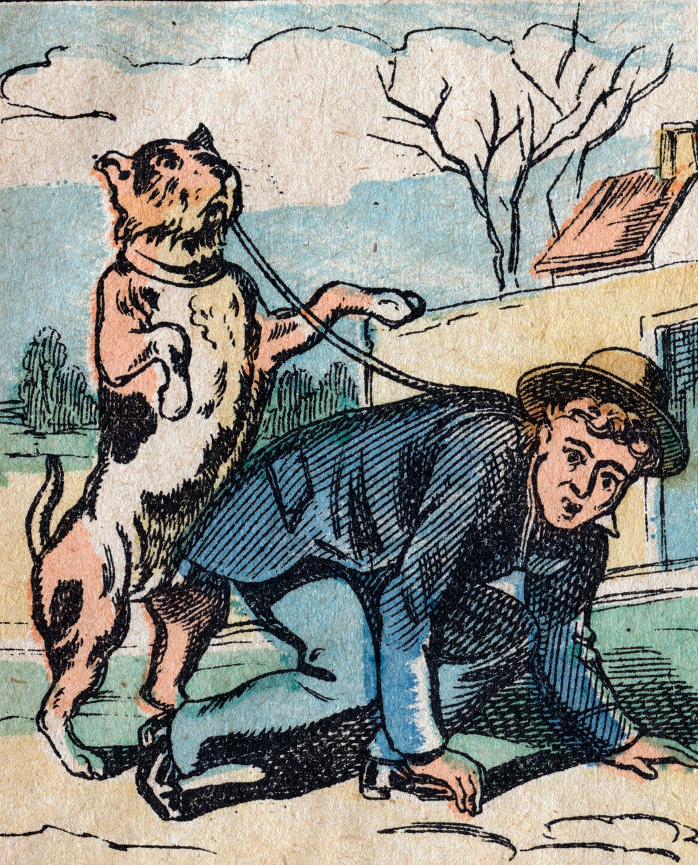 El mundo al revés, una tierra imaginaria: un perro paseando a su amo con una correa - Imagen de Epinal de French School
