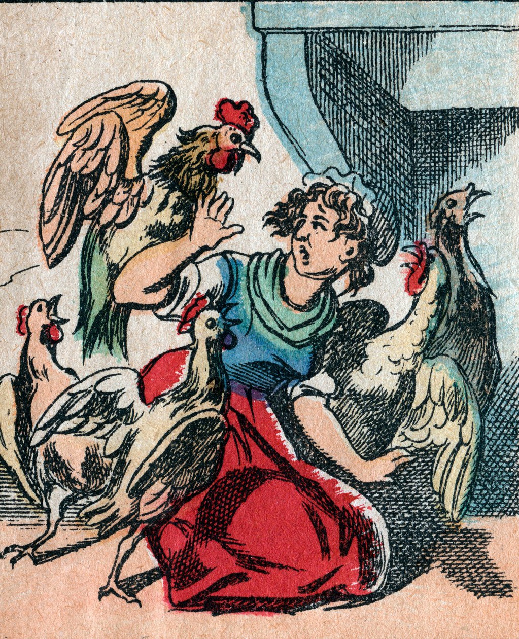 El mundo al revés, una tierra imaginaria: pavos y gallinas desplumando al cocinero - imagen de Epinal de French School