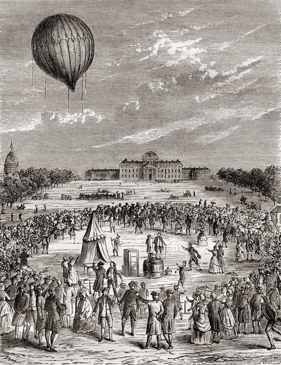 El primer globo de hidrógeno del mundo, lanzado sobre el Campo de Marte, París, Francia en 1783, de Les Merveilles de la Science, publicado c.1870 (grabado) de French School