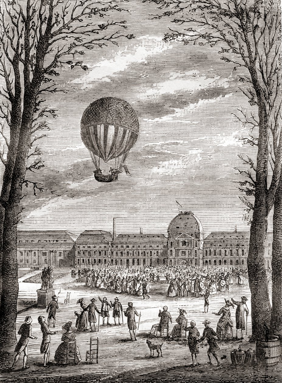 El primer vuelo tripulado en globo de hidrógeno sobre los Campos de Marte, París, Francia, el 1 de diciembre de 1783, pilotado por Nicolas-Louis Robert y el profesor Jacques Charles, de Les Merveilles de la Science, publicado hacia 1870 (grabado). de French School