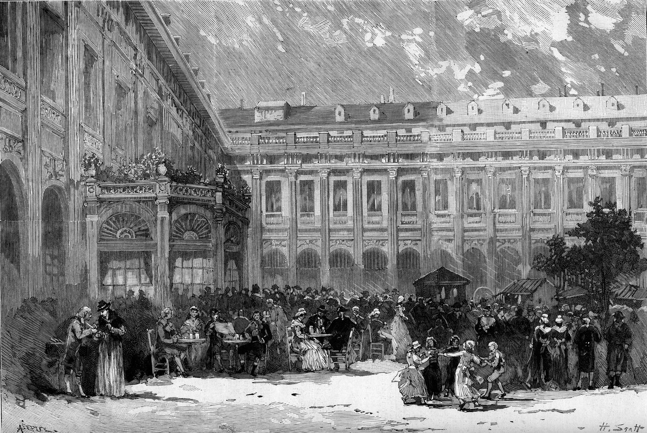 Representación teatral: “Charlotte Corday” de Francois Ponsard (1814-1867). Escena del Acto 3: Charlotte Corday en el jardín del Palacio Real. París, Teatro de l