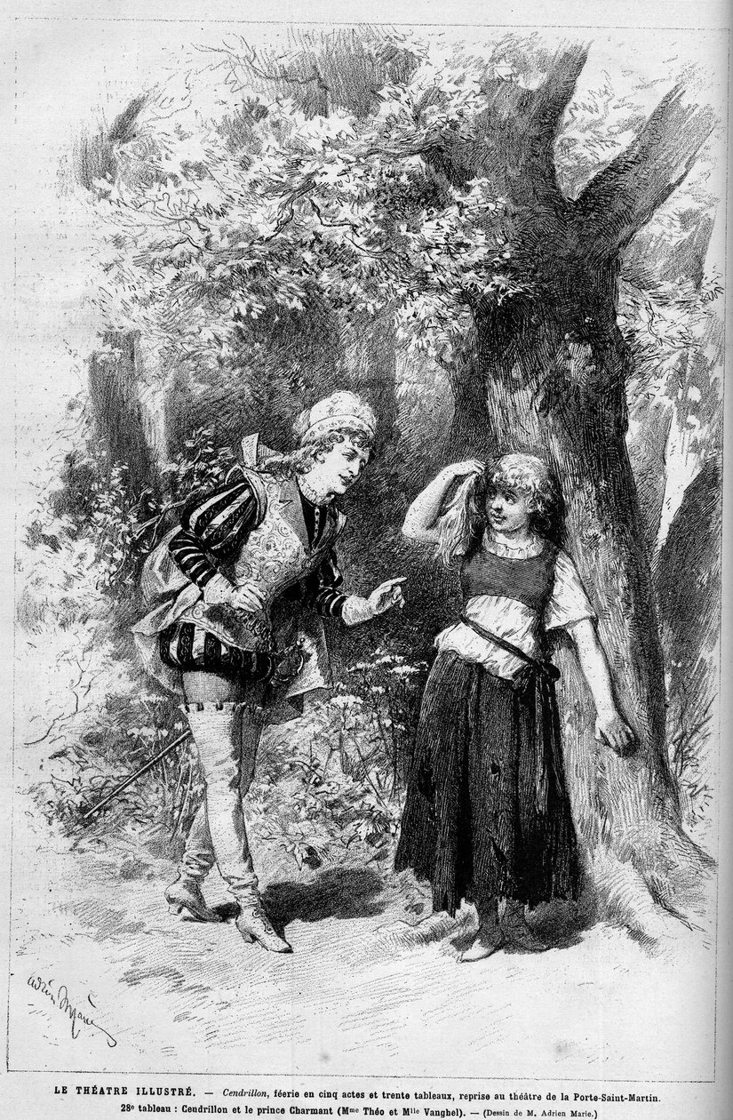 Representación teatral: Cenicienta y el Príncipe Azul interpretados por Mme Theo y Melle Vanghel para la obra “Cendrillon” de Clairville (Louis Francois Nicolaie) de French School