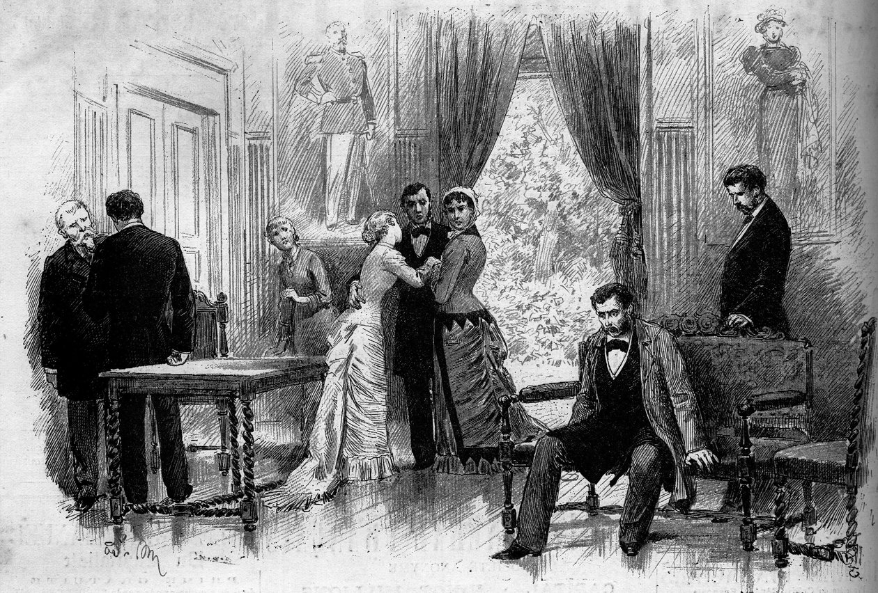 Representación teatral: “El mercader de su honor” de Jules Duval. Acto IV, última escena. París, Théâtre de Cluny de French School
