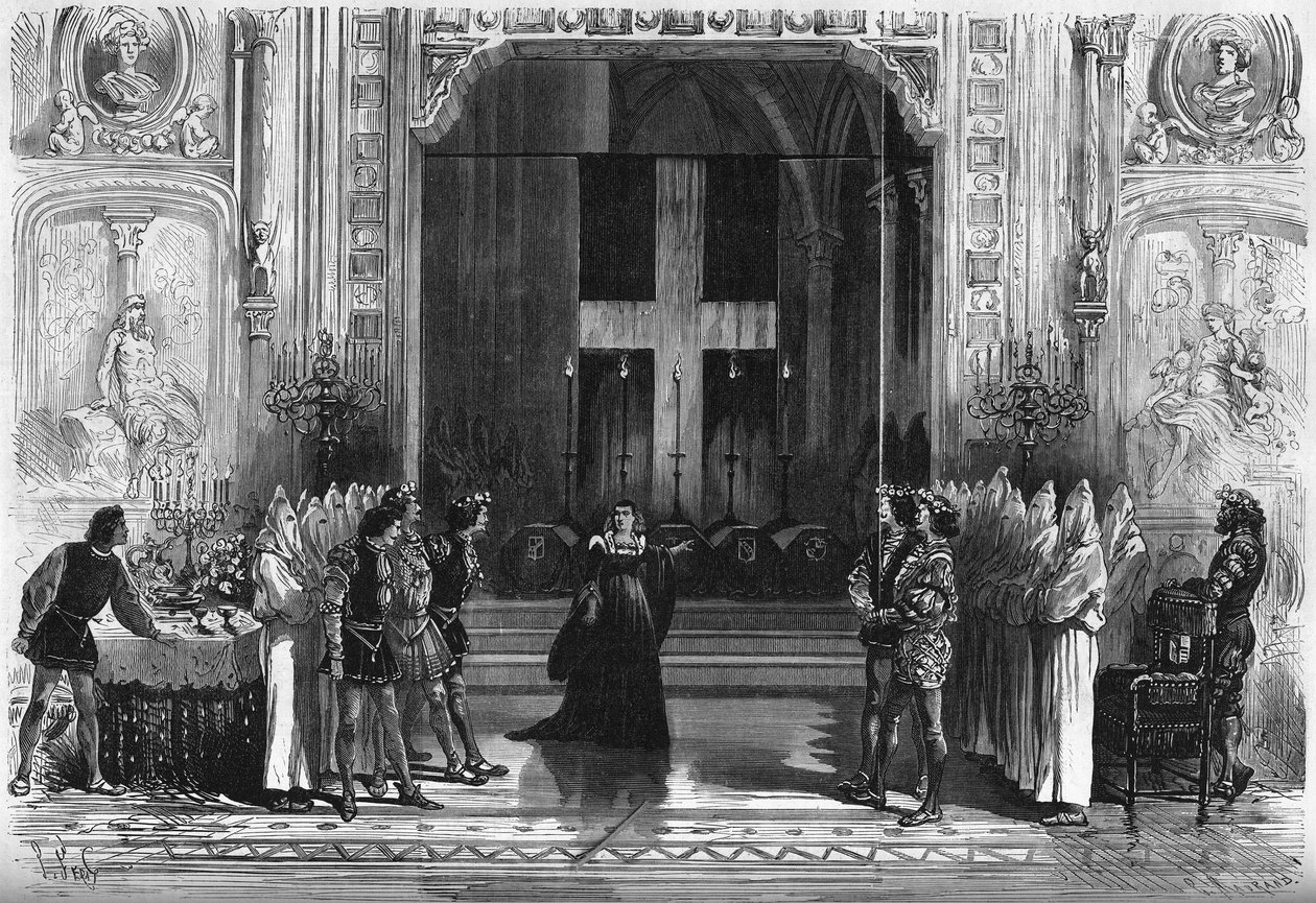 Representación teatral: escena de los ataúdes en "Lucrecia Borgia" de Victor Hugo (1802-1885). París, Teatro de la Porte Saint Martin de French School