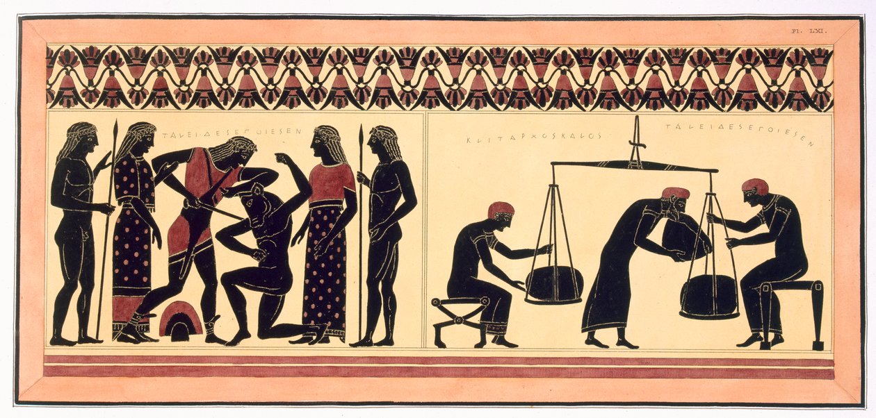 Teseo y el Minotauro, a la derecha, con hombres pesando lana, publicado en 1808-10 (litografía en color) de French School