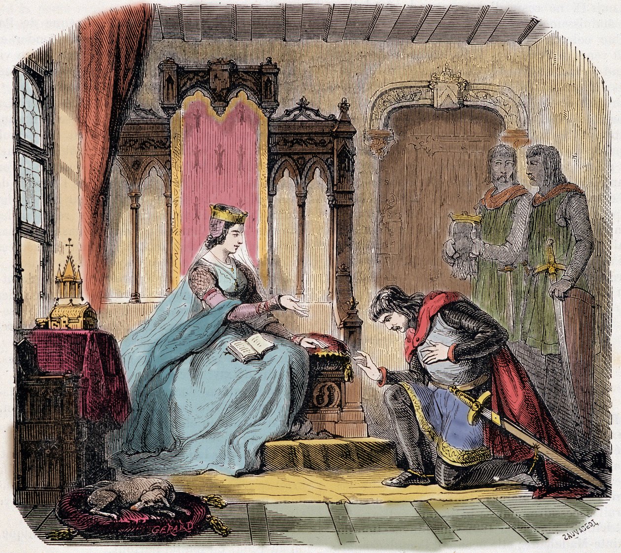 Thibault IV de Champaña (1201-1253) (también conocido como Thibault I de Navarra), se presenta ante la Reina Blanca de Castilla para advertirle del peligro que correría - en “París a través de los siglos” de de Genouillac de French School