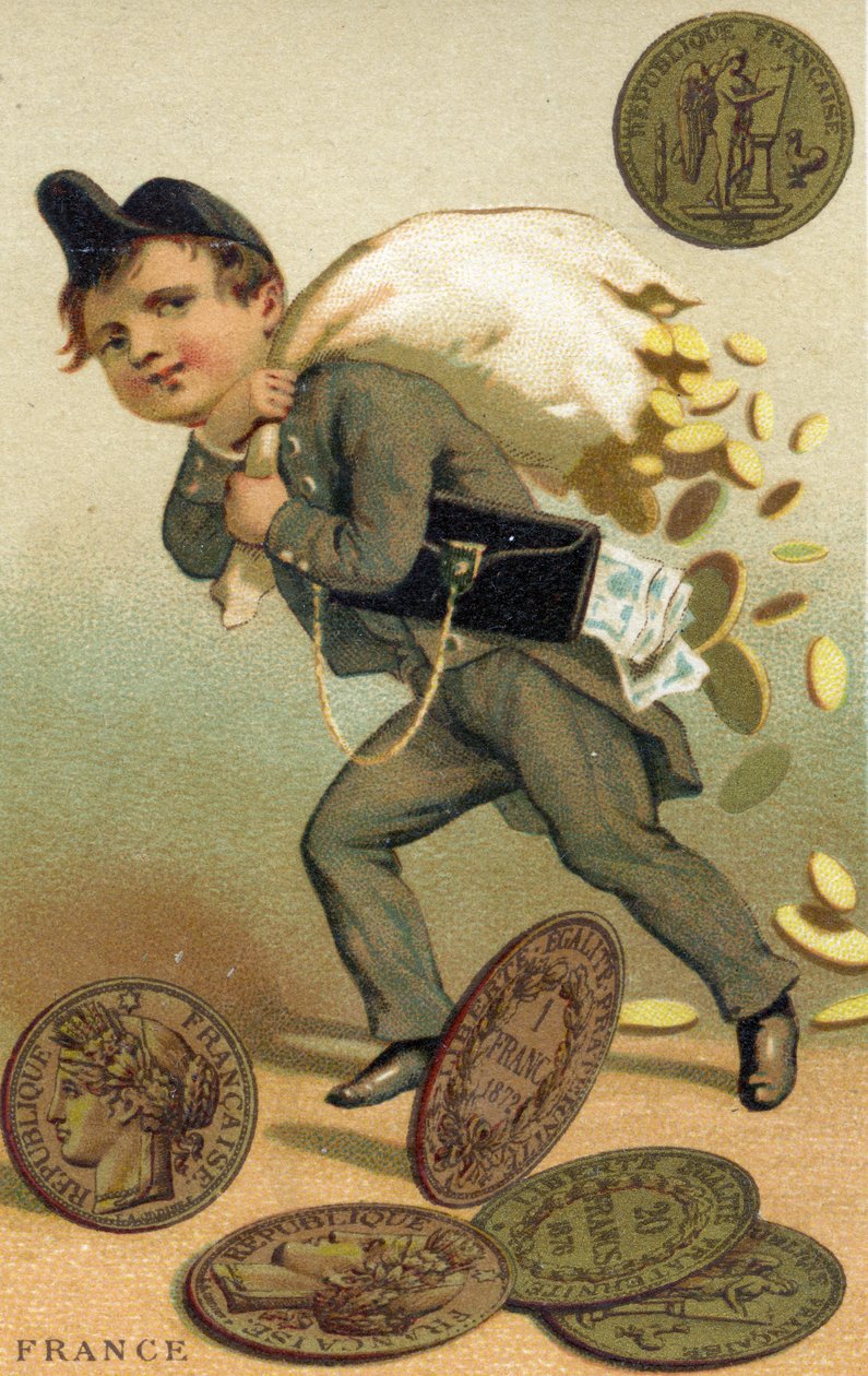 Ladrón escapando con un saco de francos franceses y billetes, de una serie de tarjetas promocionales sobre monedas en diferentes países, publicada en París por Baster & Vieillemard para el productor de chocolate de French School