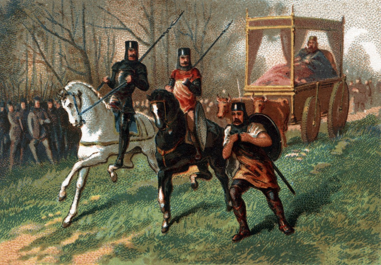 Thierry I (? - 533), Rey de Austrasia en un carro arrastrado por bueyes. Cromolitografía de finales del siglo XIX. de French School