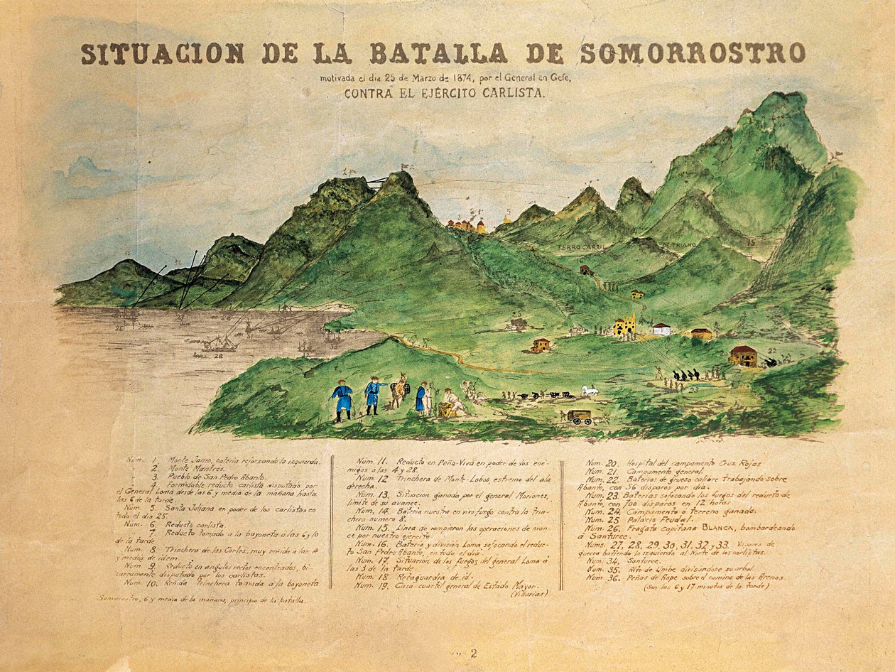 Tercera Guerra Carlista (1872-1876): descripción de la Batalla de Somorrostro en el País Vasco el 25/03/1874 (grabado) de French School