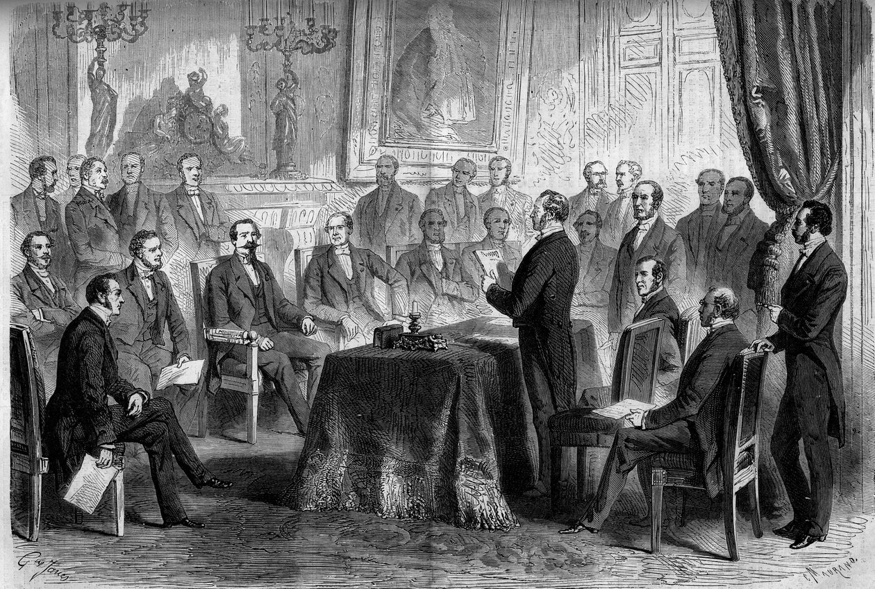 Tercera República: reunión del Consejo de Estado en las Tullerías en presencia de Napoleón III (1808-1873) y el Barón Eugène Georges Haussmann, prefecto de París (1809-1891). Grabado en "Le Monde Illustré" n°291 del 8 de noviembre de 1862 de French School