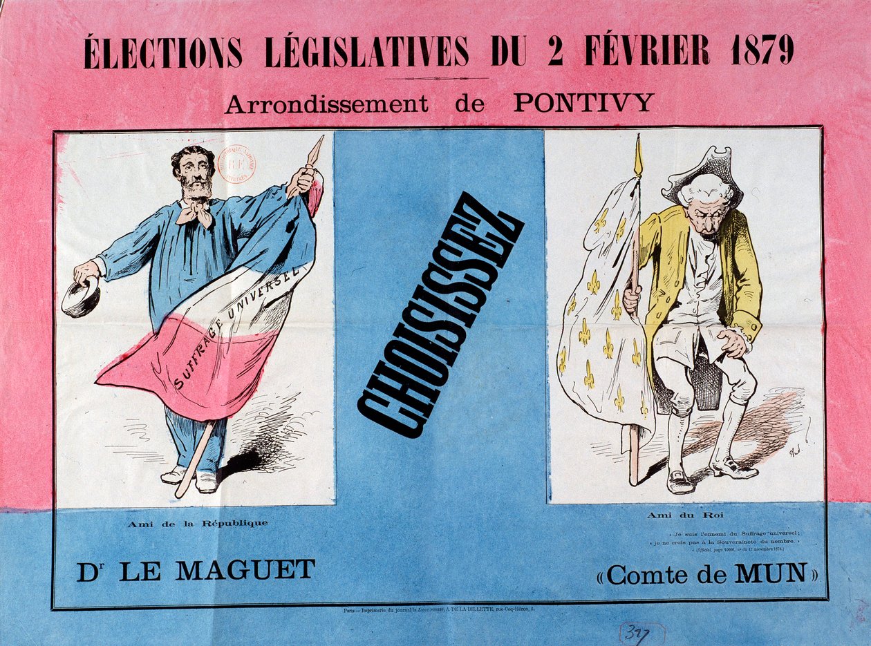 Tercera República: cartel para las elecciones legislativas del 2/02/1879 en el municipio de Pontivy (Morbihan). París. Museo del Cartel y la Publicidad de French School