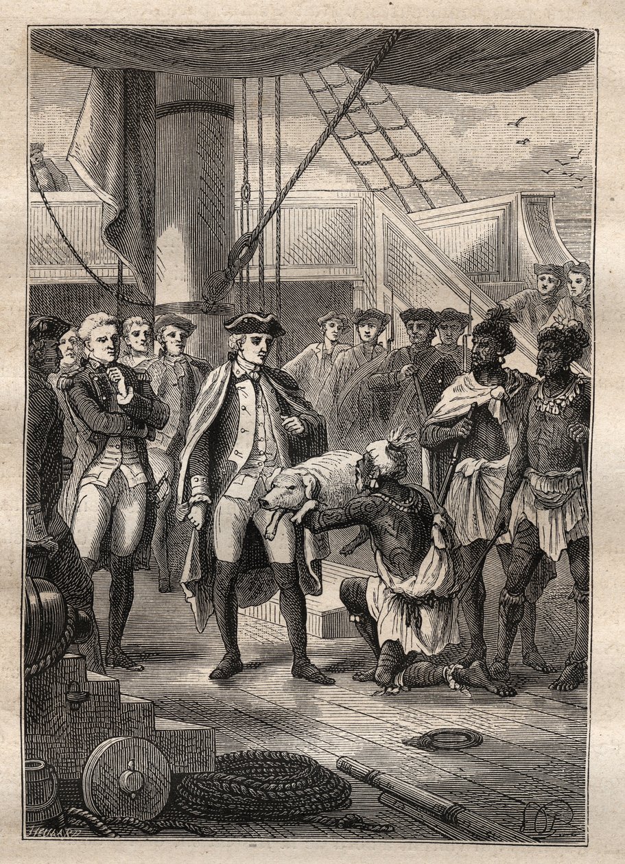 Tercer viaje de James Cook - Le dieron un cerdito - le presentó un cerdito - Tercer viaje de James Cook en el Océano Pacífico - ilustración tomada de “Los grandes marineros del siglo XVIII” por Jules Verne de French School