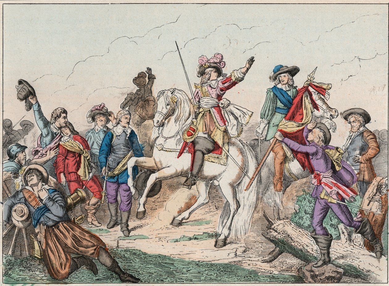 Guerra de los Treinta Años (1618-1648): el príncipe Luis II de Borbón Condé (Bourbon-Conde), conocido como el Gran Condé (1621-1686), duque de Enghien, saludando el cadáver del Conde de Fontaine en la Batalla de Rocroi (Rocroy) contra los españoles, 19 de  de French School